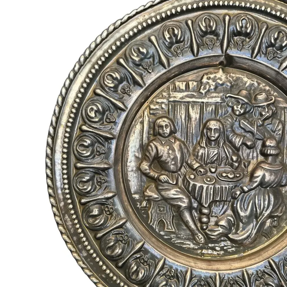 Mid Century Peerage English Brass Hammered Art Plate Pub Scene